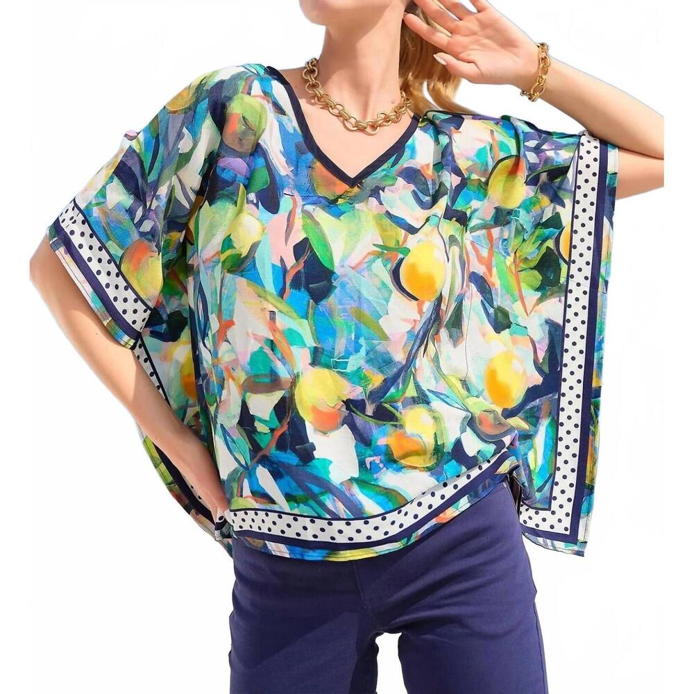 NEW DOLCEZZA v-neck handerchief top in orangerie navy